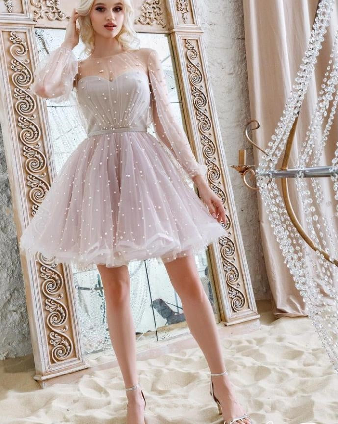 Princess Pink Tulle Pearl A-Line Full Sleeve Women Mini Party Homecoming Dresses,HM243