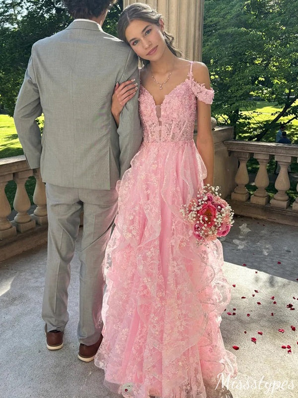 Gorgeous Off-shoulder Spaghetti Strap Lace A-line Long Prom Dress Ideas, Evening Party Dresses,ZX639