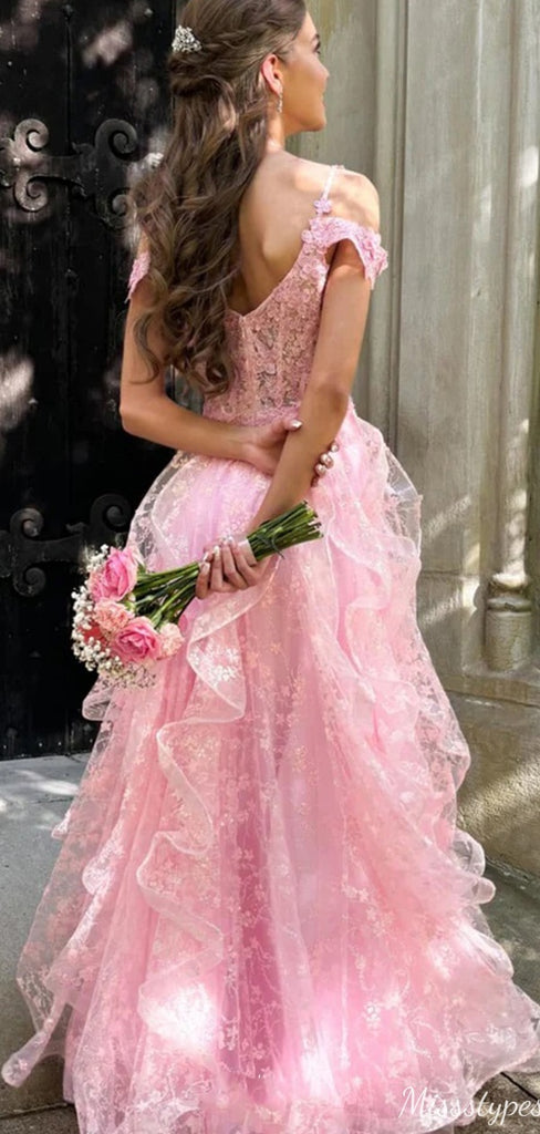 Gorgeous Off-shoulder Spaghetti Strap Lace A-line Long Prom Dress Ideas, Evening Party Dresses,ZX639