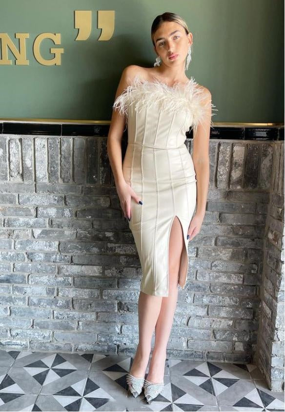 Pretty Side Slit Tea-Length Feather Beige Women Mini Party Homecoming Dresses,HM242