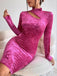 Vintage Rose Pink Full Sleeve High-Neck Cut-Out Women Mini Party Homecoming Dresses,HM256