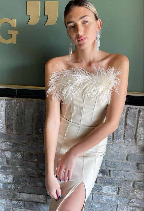 Pretty Side Slit Tea-Length Feather Beige Women Mini Party Homecoming Dresses,HM242