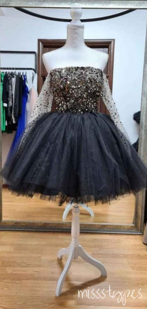 Elegant A-Line Tulle Black Appliqued Beading Women Mini Party Homecoming Dresses,HM259