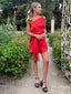 Simple Red Satin One Shoulder Pleat Women Mini Party Homecoming Dresses,HM237