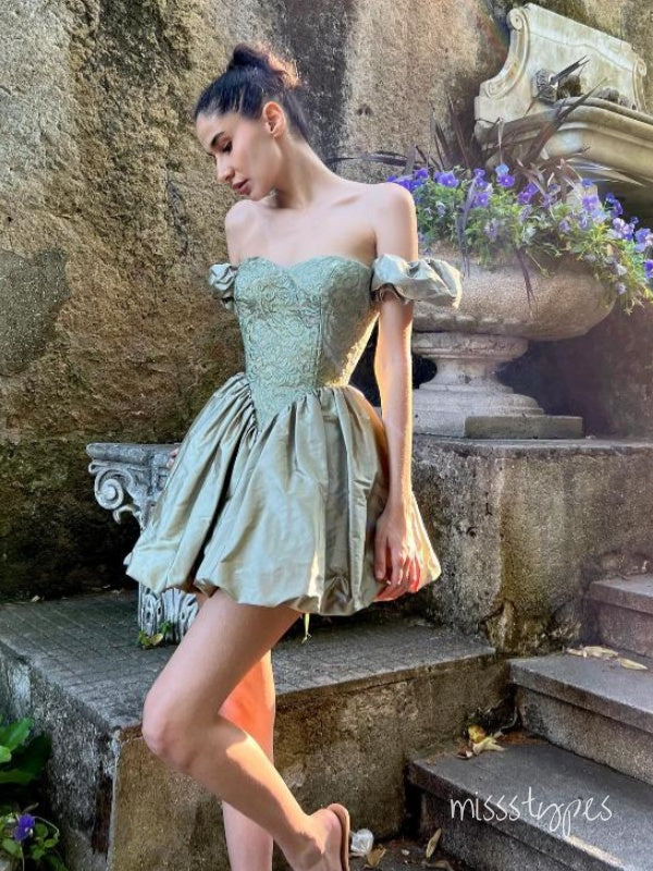 Word Shoulder Sage-Green Empire Ruffle Mini New Arrival Homecoming Dresses,HM141