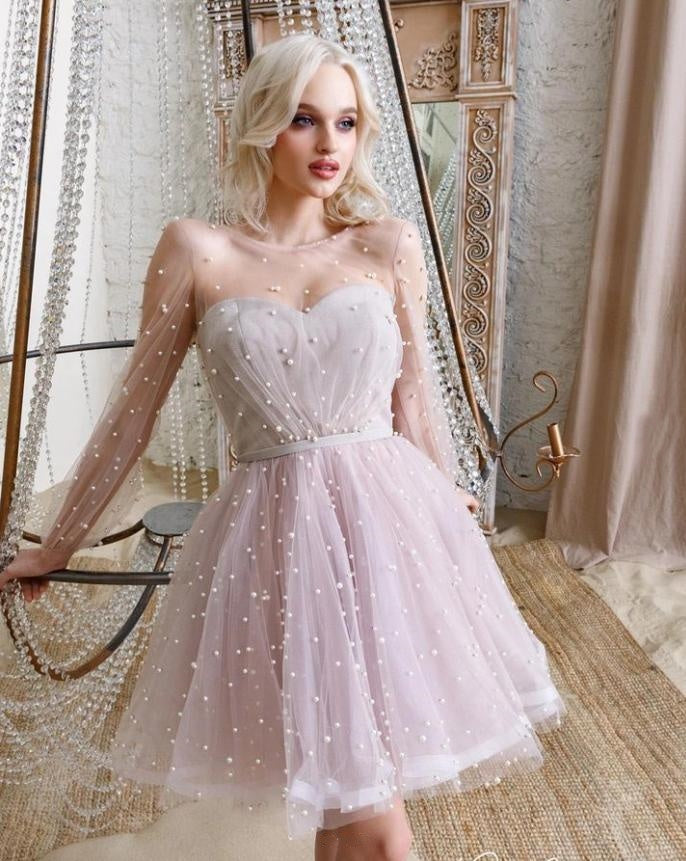 Princess Pink Tulle Pearl A-Line Full Sleeve Women Mini Party Homecoming Dresses,HM243