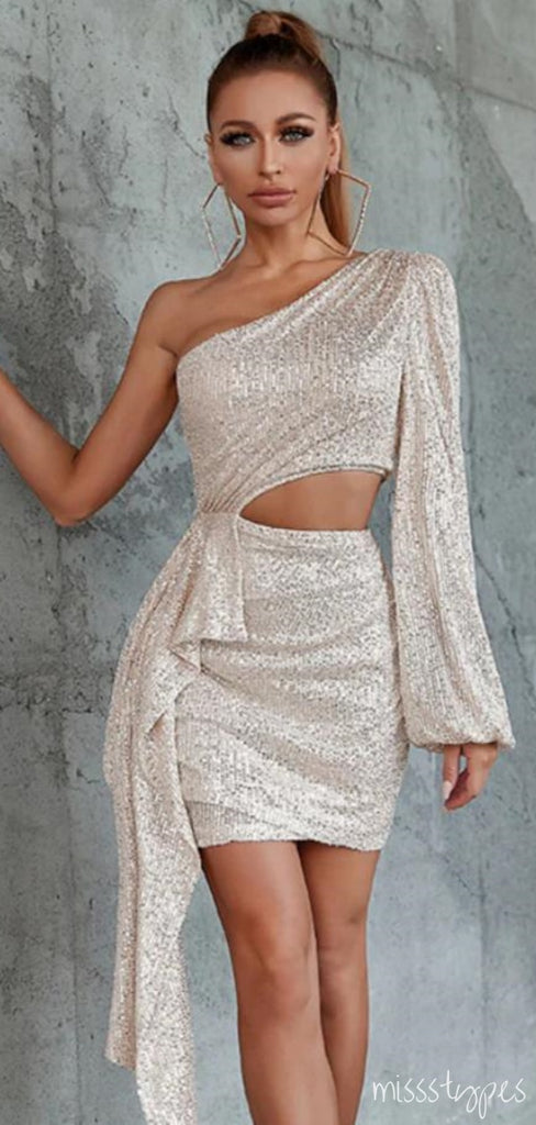Sliver Sparkly One Shoulder Cut-Out Designed Women Mini Party Homecoming Dresses,HM254