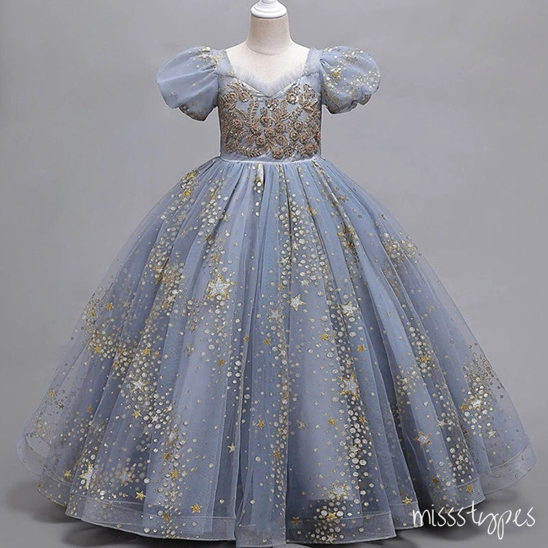 Charming Sliver Sparkly Appliqued A-Line Tulle Elegant Little Flower Girl Dresses, ET41