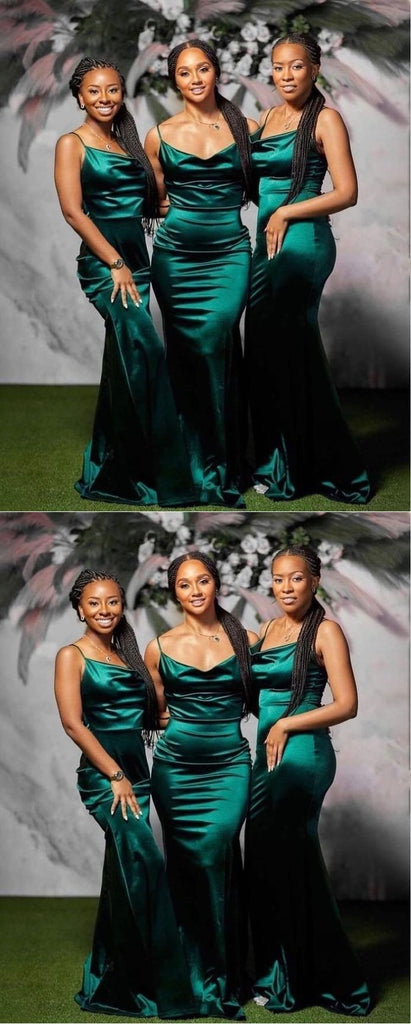 Simple Dark Green Spaghetti Strap Mermaid Satin Bridesmaid Dresses Online, BL124