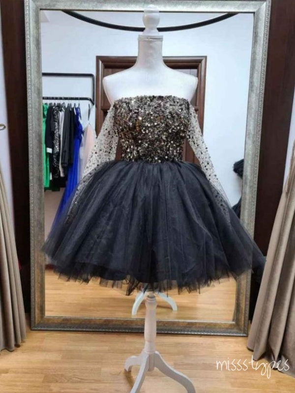 Elegant A-Line Tulle Black Appliqued Beading Women Mini Party Homecoming Dresses,HM259