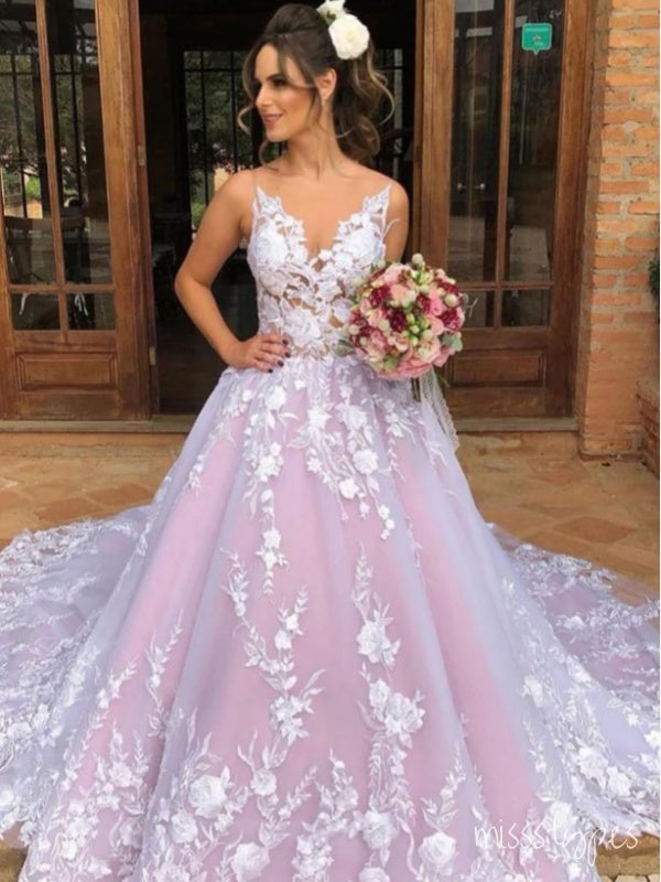 Sexy Appliqued Spaghetti Strap Lilac Long Fashion Wedding Dresses,HS94