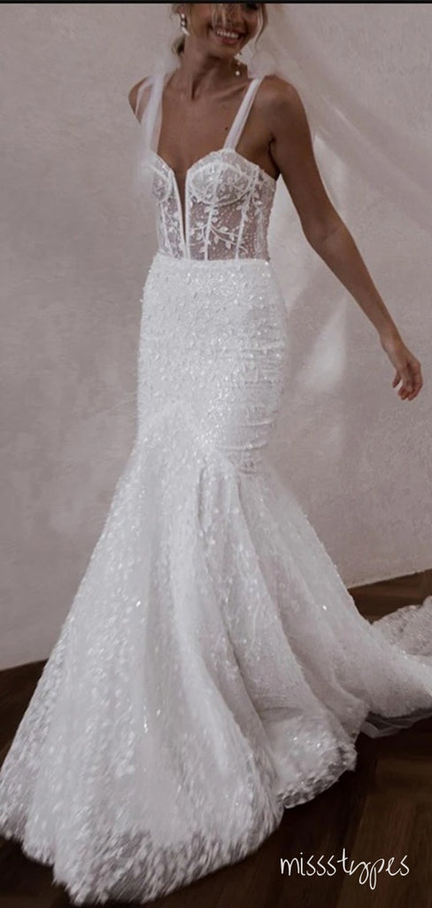 Bodycon Lady Beaded White Yarn Tulle Spaghetti Strap Mermaid Wedding Dresses HS63