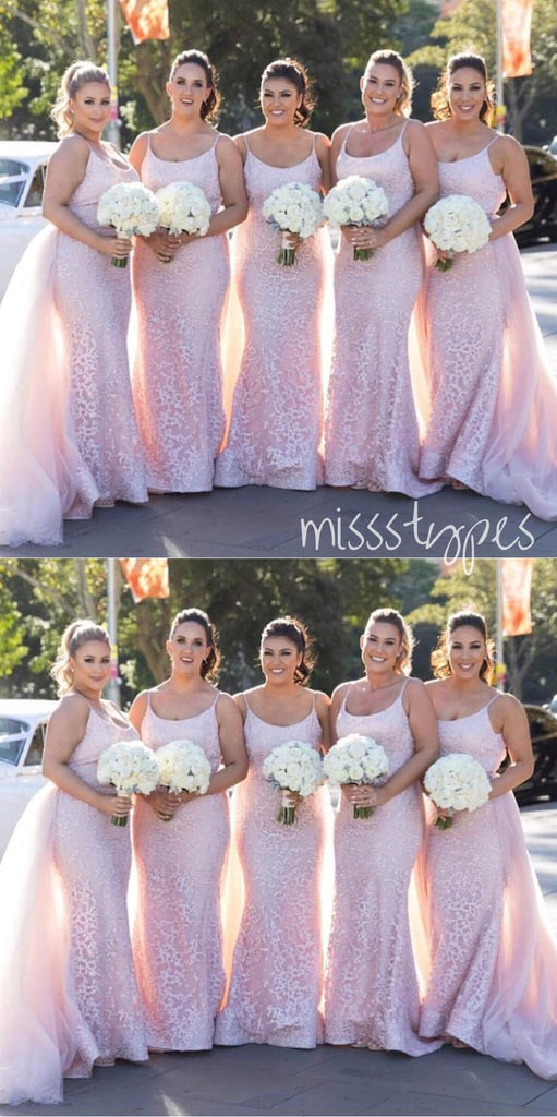 Appliqued Pink Pretty Spaghetti Strap Mermaid Long Bridesmaid Dresses Online, BL78