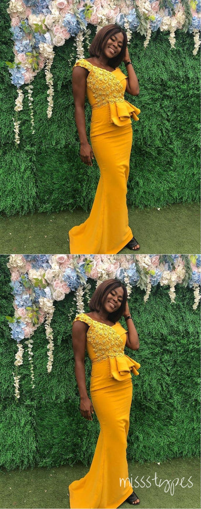 Unique Yellow Appliqued Mermaid Long Bridesmaid Dresses Online, BL91