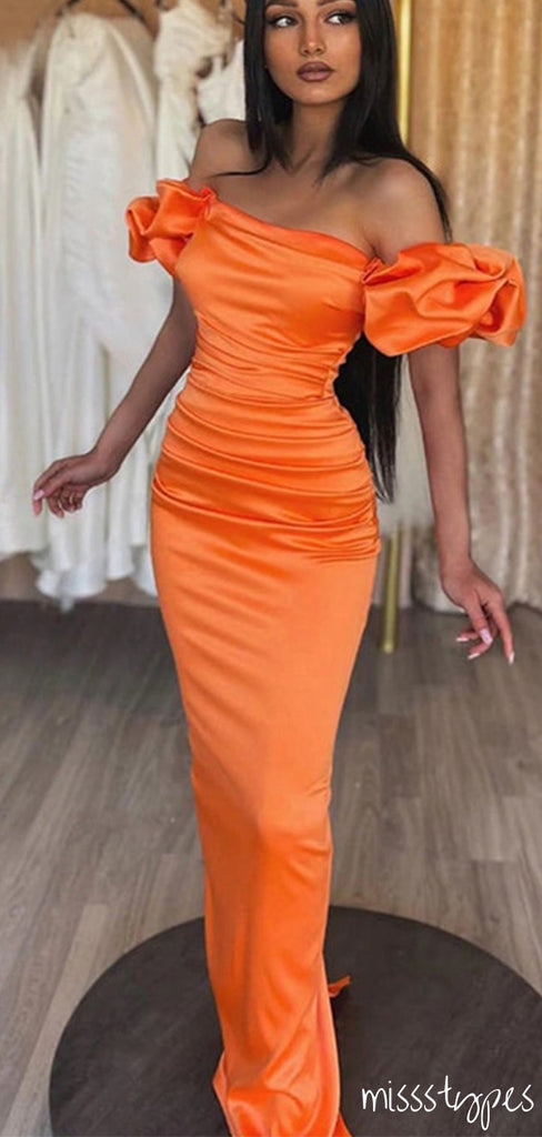 Women Sexy Sunset Orange Off Shoulder Bodycon Mermaid Long Prom Dresses ZX20