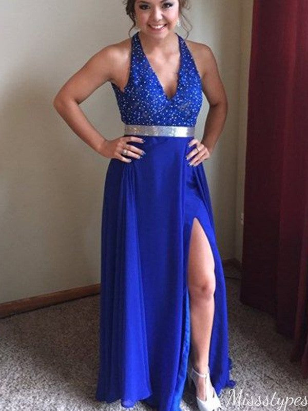 Gorgeous Halter V-neck A-line Long Prom Dress Ideas, Evening Party Dresses,ZX1191