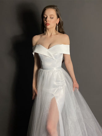 Sexy Off-White Sweetheart Off-Shoulder Side Slit Long Wedding Dresses HS08