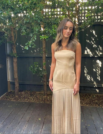 Designed Champagne Strapless Pleat Satin Tea-Length Long Prom Evening Dress,ZX318
