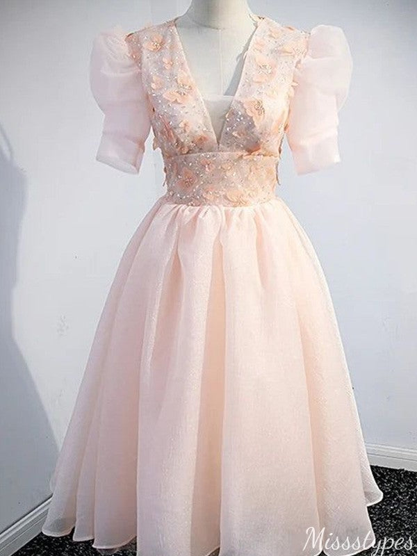 Elegant Short Sleeves V-neck A-line Short Mini Homecoming Dress,HM605