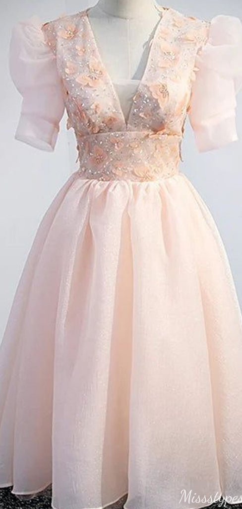 Elegant Short Sleeves V-neck A-line Short Mini Homecoming Dress,HM605