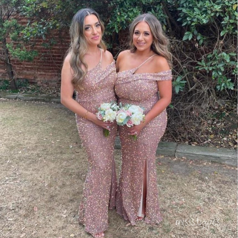 Women Sparkly One Shoulder Side Slit Mermaid Bridesmaid Dresses Online, BL179