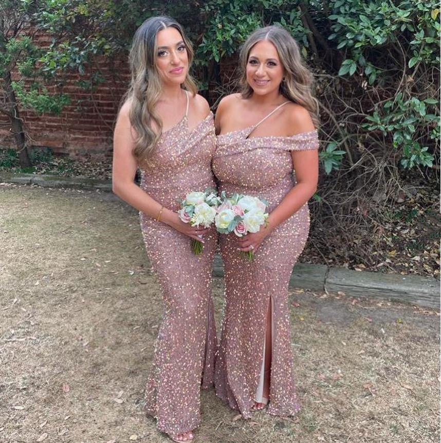 Women Sparkly One Shoulder Side Slit Mermaid Bridesmaid Dresses Online, BL179