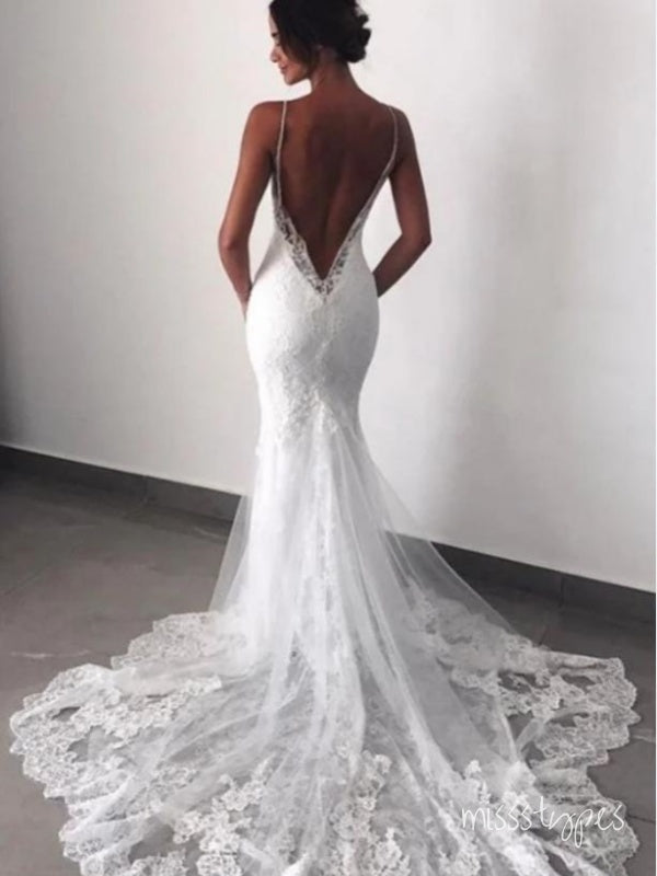 Long Trailing White Lace White Backless Sweetheart Mermaid Fashion Wedding Dresses,HS89