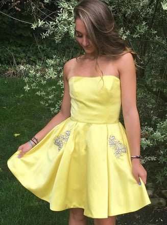 Yellow Beaded Strapless Pretty A-Line Mini New Arrival Homecoming Dresses,HM179