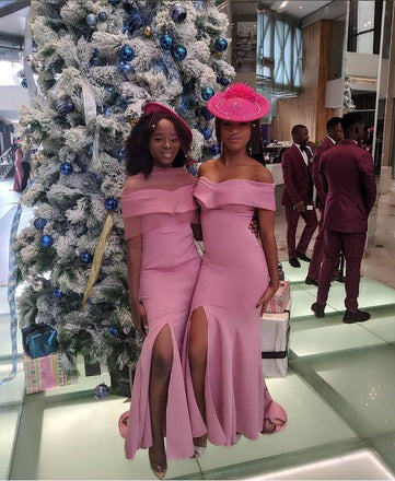 Off Shoulder Blushing-Pink Side Slit Mermaid Long Bridesmaid Dresses Online, BL89