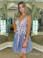 Appliqued Tulle Flower Blue V-Neck Spaghetti Strap A-Line Mini New Arrival Homecoming Dresses,HM182