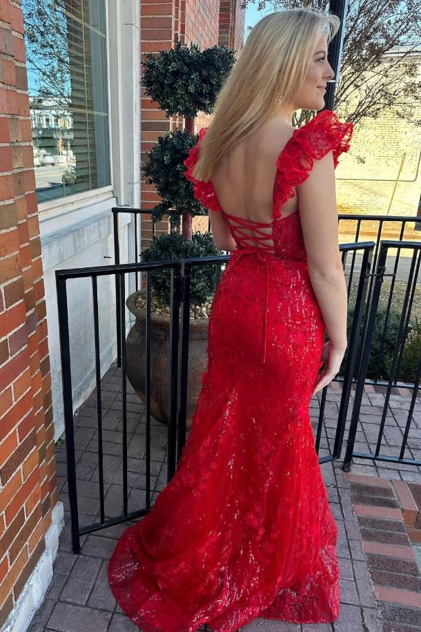 Hot Red Cap Shoulder Appliqued Square Mermaid Long Prom Evening Dress,ZX349