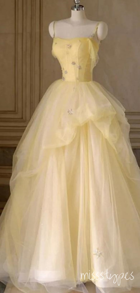 Lemon Square Tulle Ball Gown Empire Spaghetti Strap Long Prom Evening Dress,ZX302