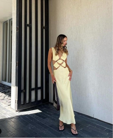 Charming Yellow Lemon Designed Soft Satin Long Evening Prom Evening Dress,ZX209