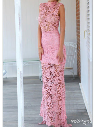 Elegant Candy Pink Floor-Length Lace Sleeveless Mermaid Evening Dresses ZX23