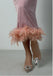 Pink Satin Tea-Length Feather Spaghetti Strap Mermaid Evening Prom Evening Dress,ZX219