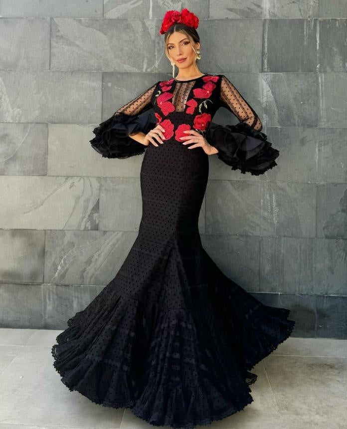 Sexy Elegant Mermaid Black Red Appliqued Full Sleeve Evening Prom Evening Dress,ZX196