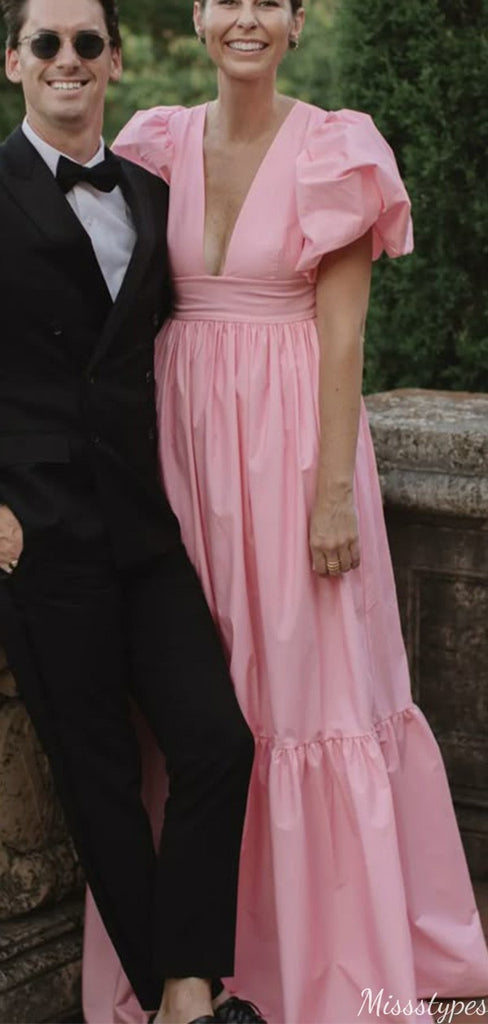 Casual V-neck Short Sleeves A-line Long Prom Dress Ideas, Evening Party Dresses,ZX1247