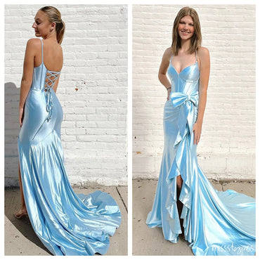 Women Blue Spaghetti Strap Pleat Sweetheart Backless Floor-Length Homecoming Dresses, HM02