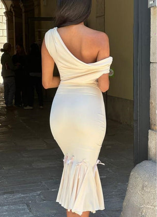 Women Beige Bow Mermaid Designed Off Shoulder Long Prom Evening Dress,ZX270