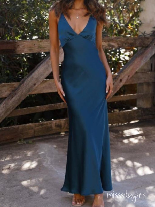 Elegant V-Neck Regency Blue Soft Satin Long Evening Prom Evening Dress,ZX208