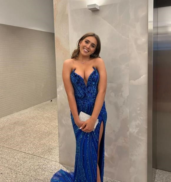 Sexy Sparkly Blue Sweetheart Mermaid Side Slit Fashion Prom Dresses,ZX181