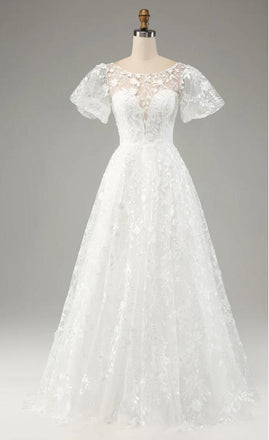 White Half Sleeve Round-Neck Sweetheart A-Line Fashion Wedding Dresses,HS81