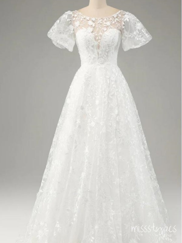 White Half Sleeve Round-Neck Sweetheart A-Line Fashion Wedding Dresses,HS81