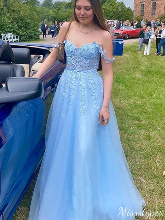 Elegant Off-shoulder Sweetheart Lace A-line Long Prom Dress Ideas, Evening Party Dresses,ZX596