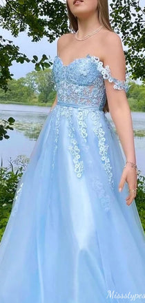 Elegant Off-shoulder Sweetheart Lace A-line Long Prom Dress Ideas, Evening Party Dresses,ZX596
