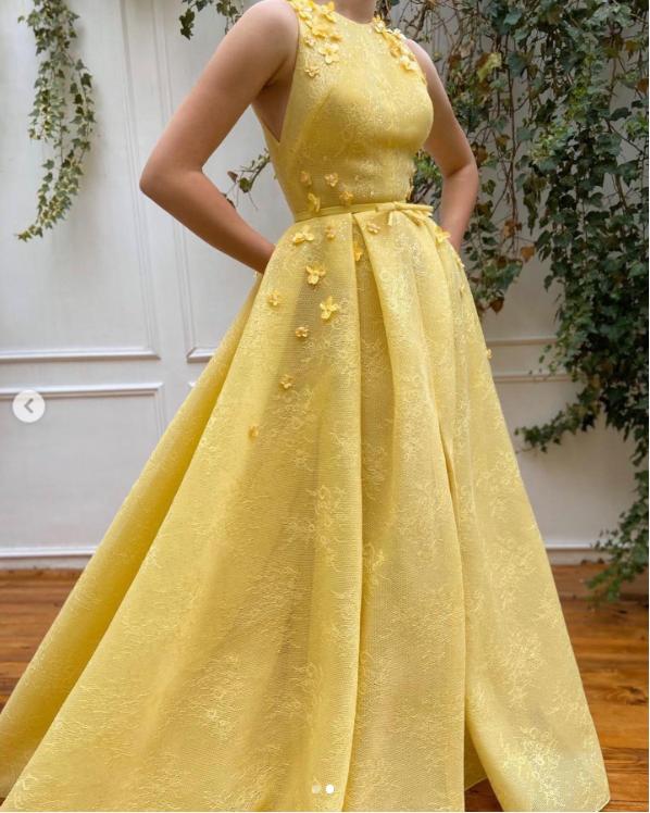 Flower Appliqued Sleeveless Yellow Empire Women Long Evening Prom Evening Dress,ZX210