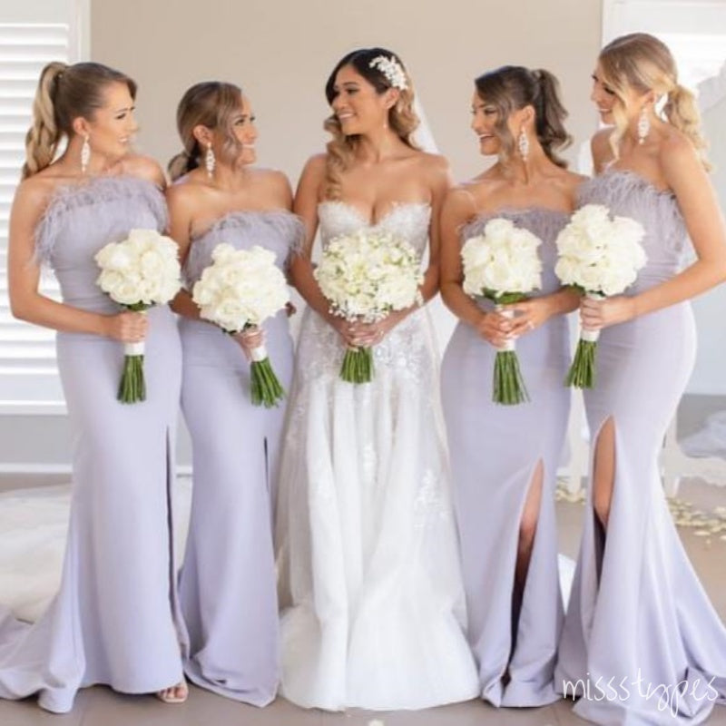 Lilac Side Slit Feather Straight Across Mermaid Long Bridesmaid Dresses Online, BL86