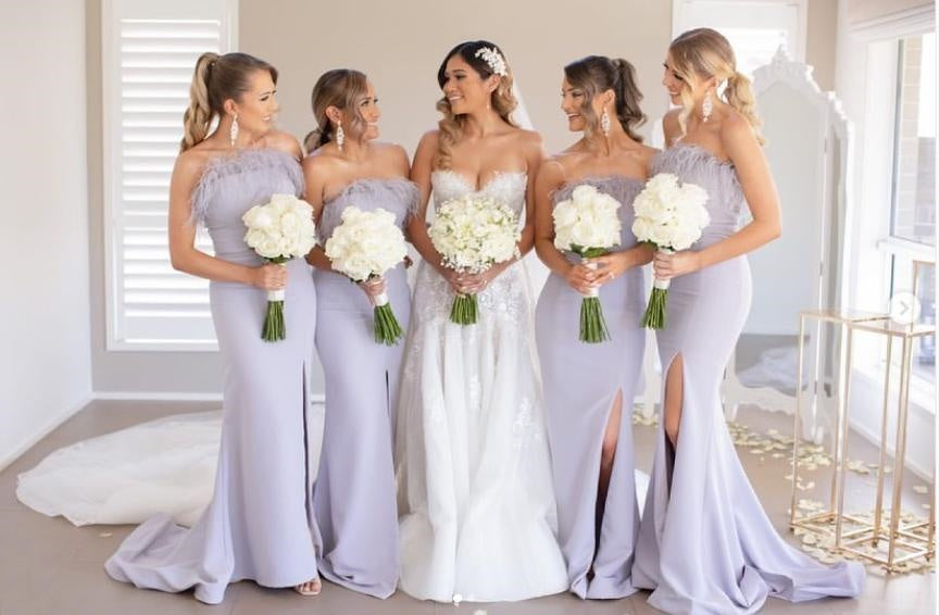 Lilac Side Slit Feather Straight Across Mermaid Long Bridesmaid Dresses Online, BL86