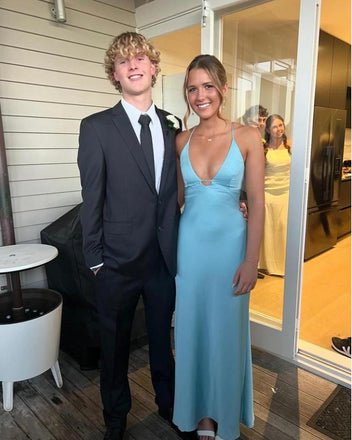 Simple Mint-Blue Spaghetti Strap V-Neck Sheath Women Long Prom Evening Dress,ZX333