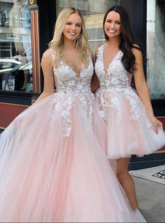 Mismatched Pink Appliqued V-Neck Tulle Lady Beautiful Long Evening Prom Evening Dress,ZX212